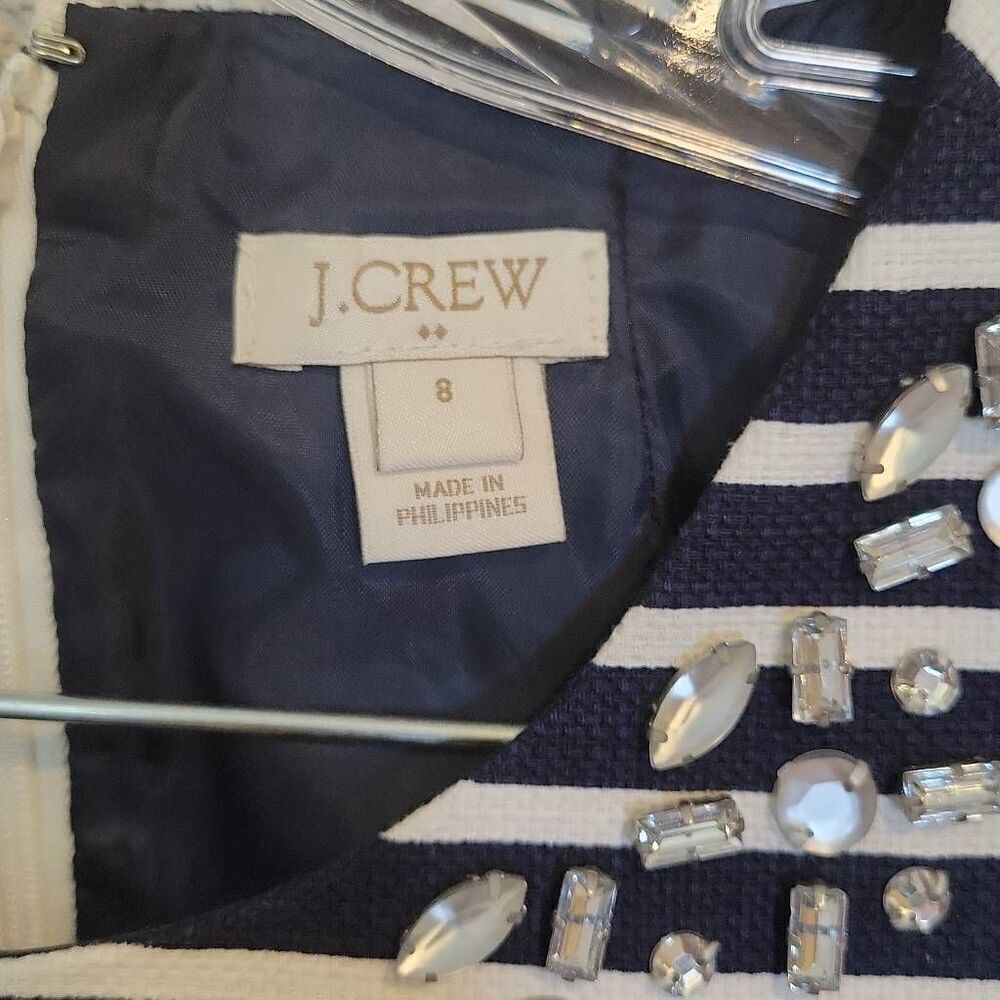 J. Crew Navy Blue White Striped Embellished Sheath Casual Dress Size 8 - Picture 3 of 9
